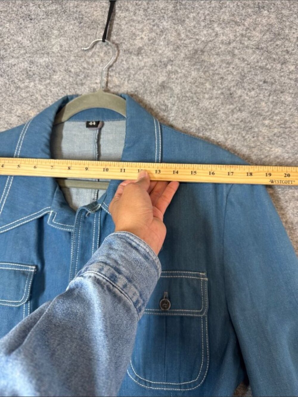 Vintage Belted Denim Jacket Blue Size 44 Mod Retro Utility Blazer Shacket Unisex - Picture 11 of 15